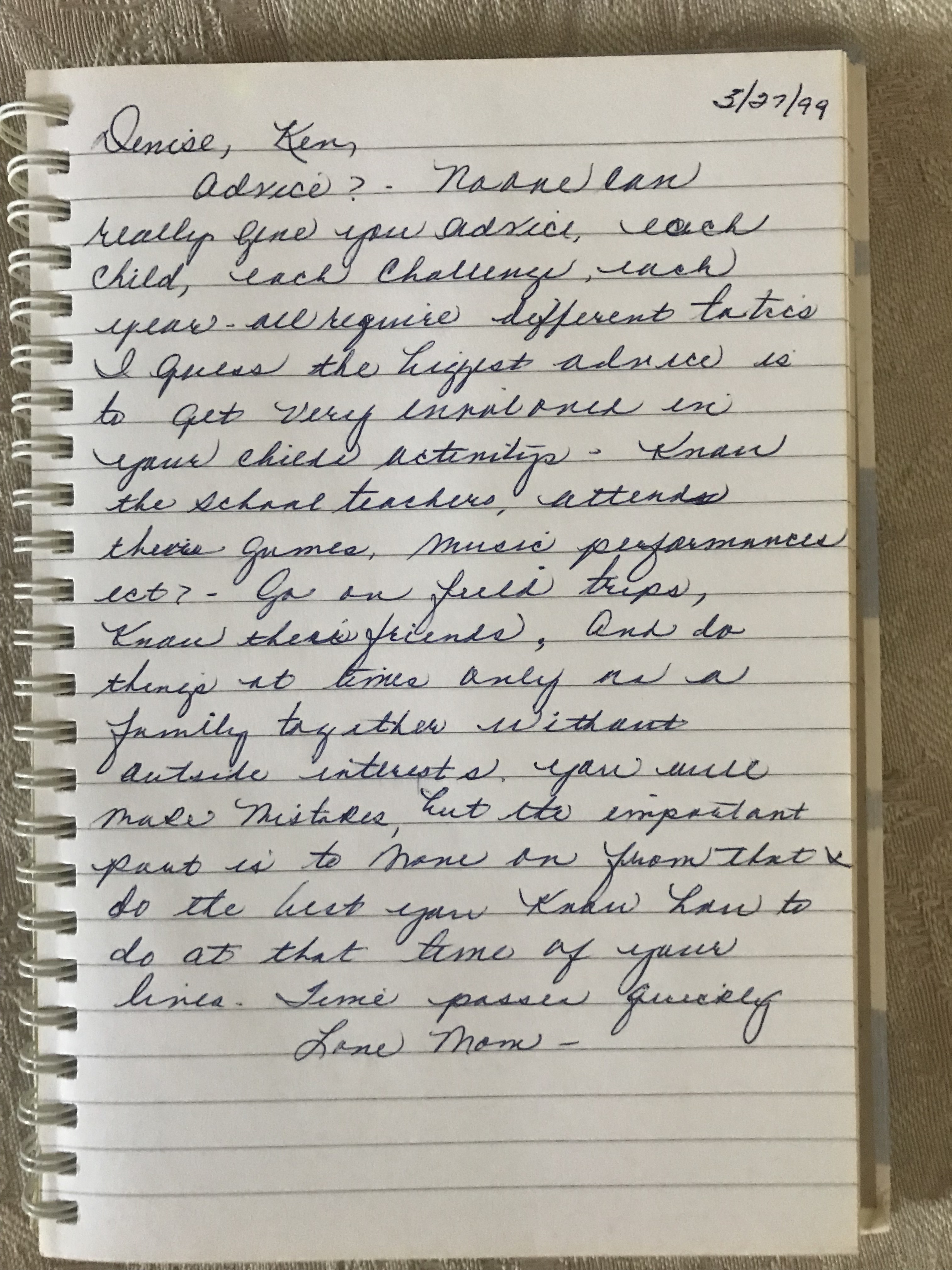 advice for new moms written by my mom. The gift of a handwritten note by Denise M. Colby