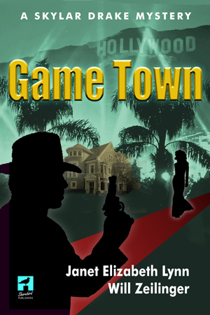 book cover of Game Town shows silhouette of man with gun and a woman in a long gown with palm trees in the backrougnd