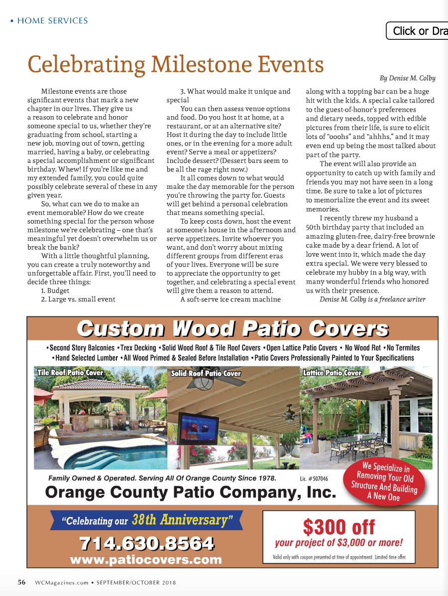Celebrating Milestone Events written by Denise M. Colby for WestCoast Magazine September 2018