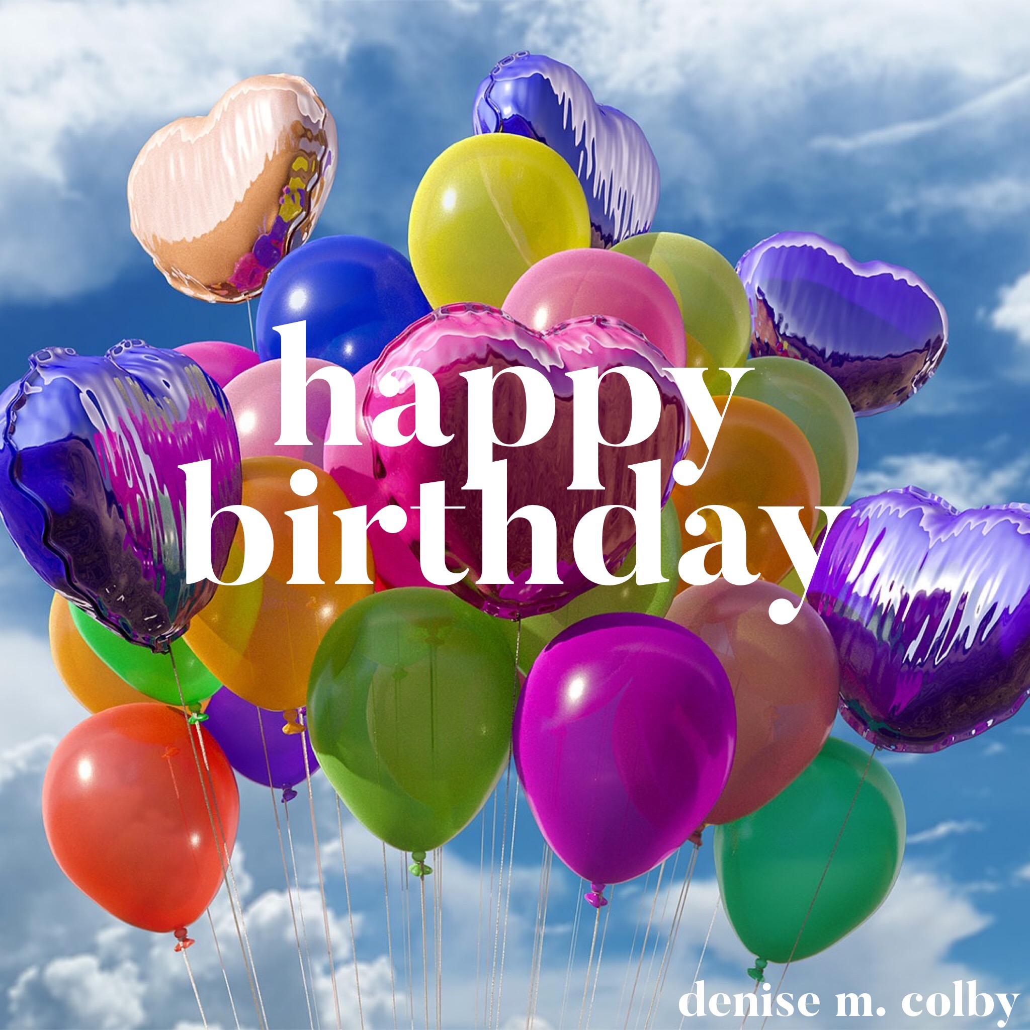 Happy Birthday graphic with balloons and blue sky and clouds in the background