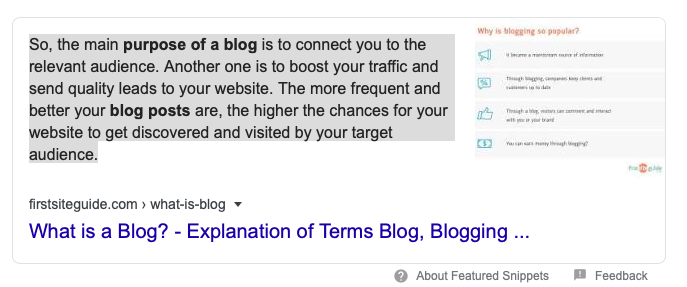 What's the purpose of a blog? google search screen shot of description for post on Blog Creation Process