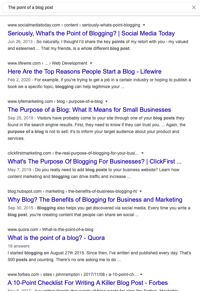 What's the point of a blog post? google search page results screen shot for post on Blog Creation Process