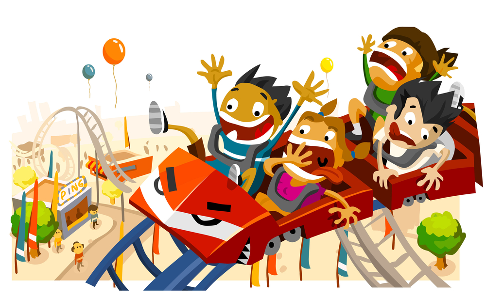 cartoon children screaming on a roller coaster with balloons floating behind them