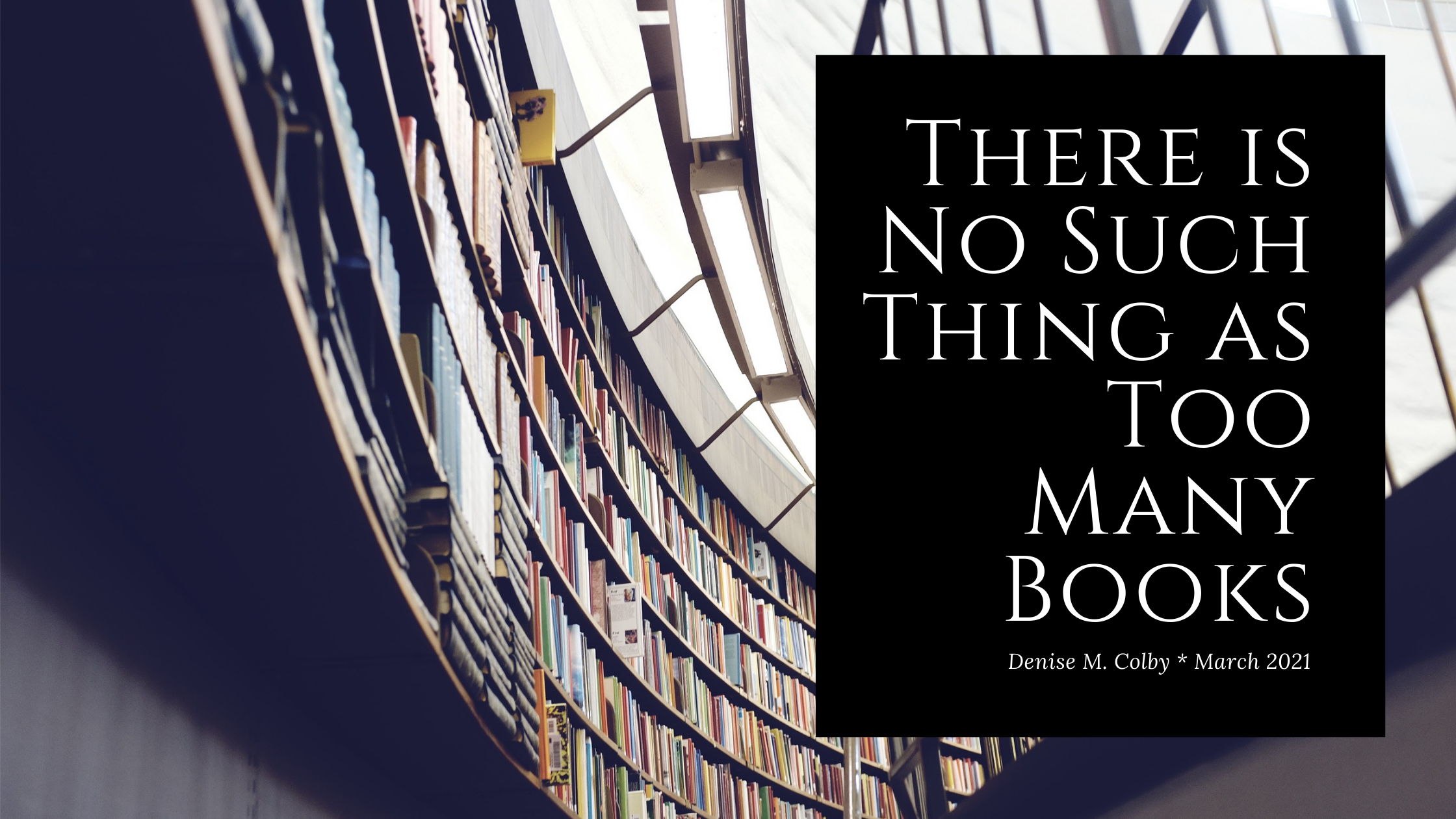photo of a library with lots of books on the shelves with blog title There Is No Such Thing as Too Many Books