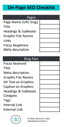 a checklist of SEO fields to complete for your blog by Denise M. Colby, Marketing for Authors
