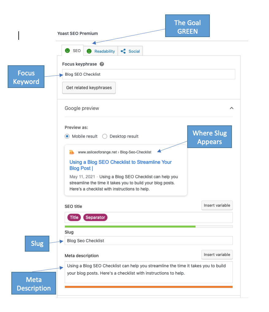 Screen shot of Yoast SEO Fields to complete for stronger SEO
