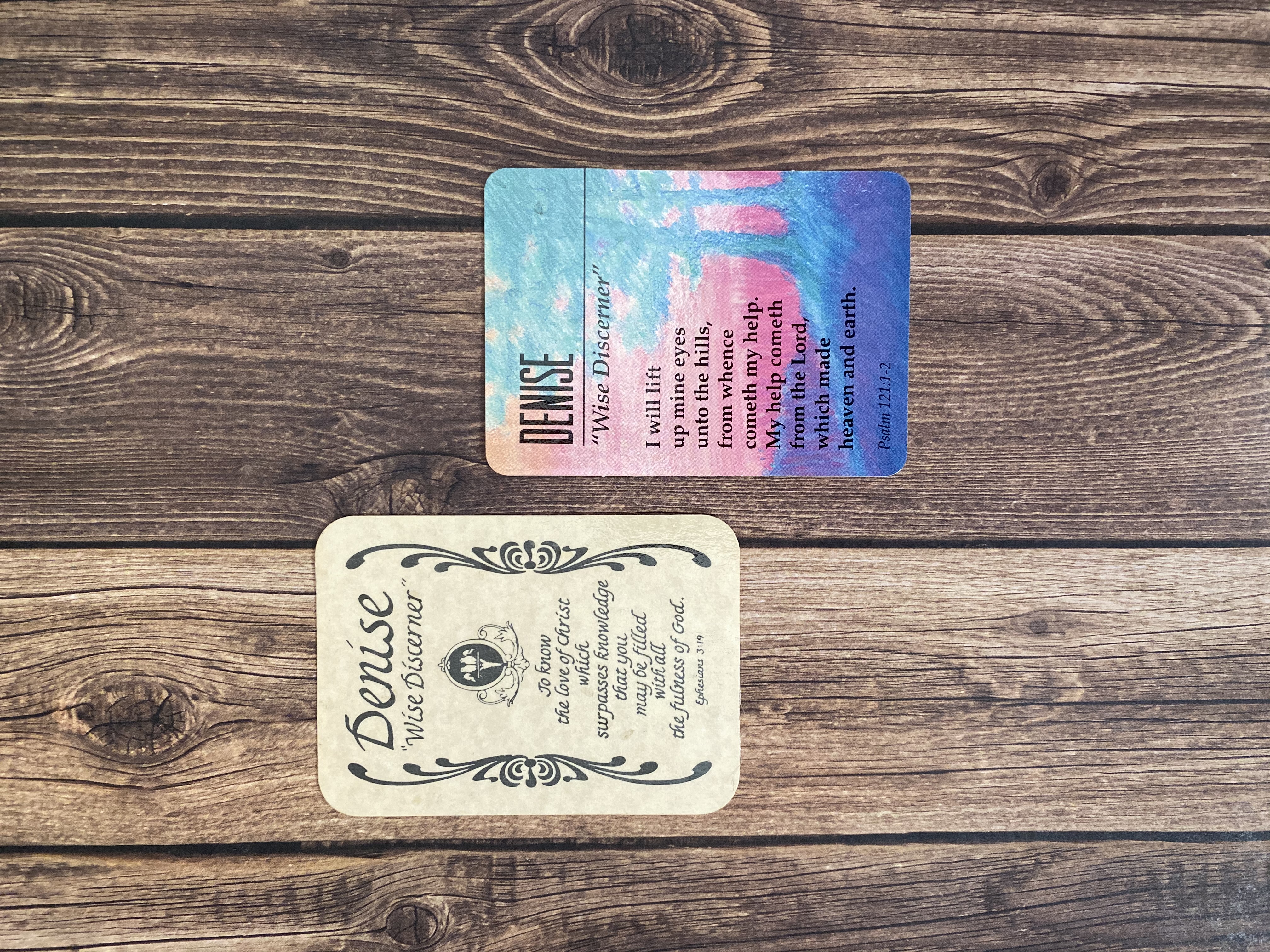 Photo of card that states Denise means wise discerner with bible verse on it