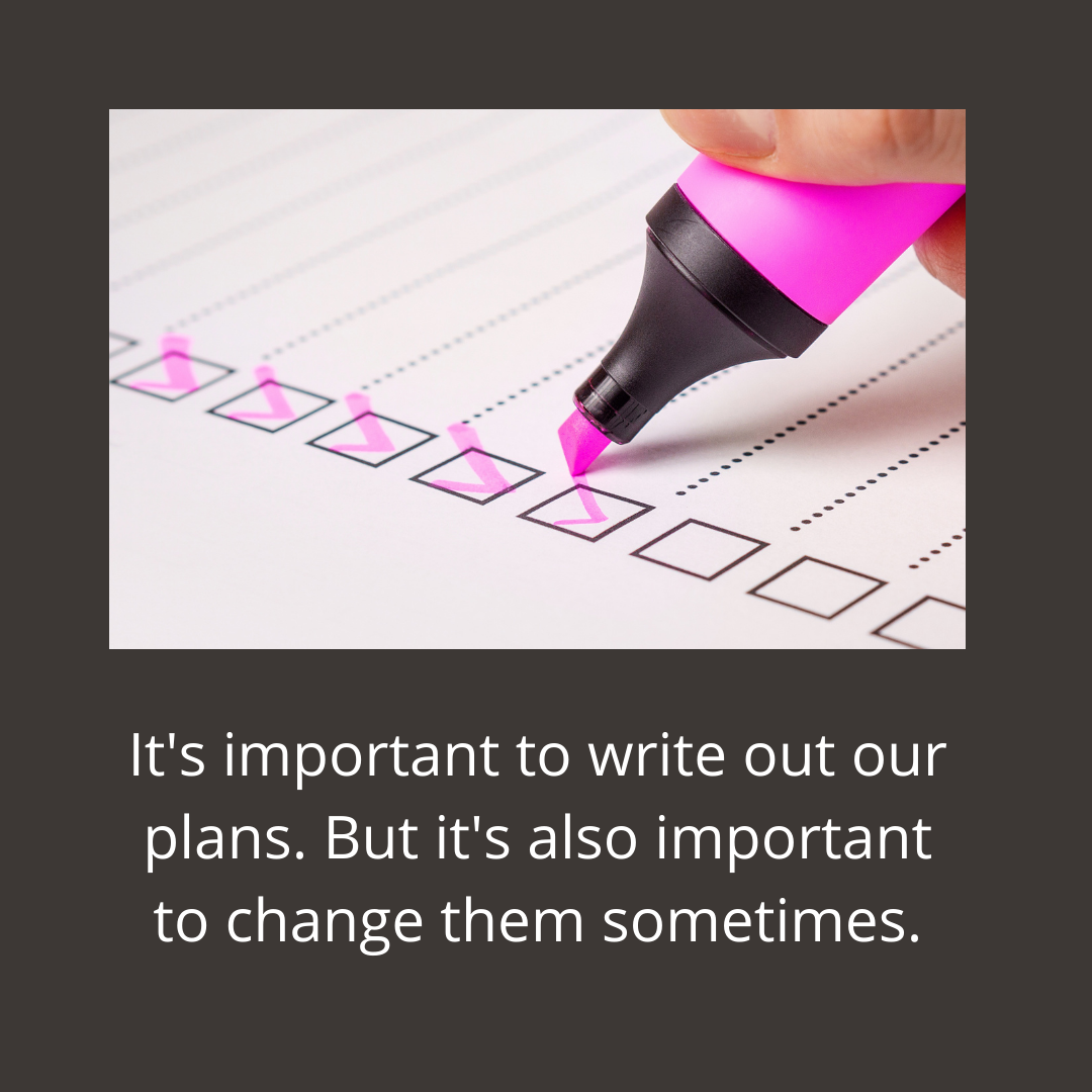 Image of checklist with pink highlighter checking off boxes. writing out plans is important