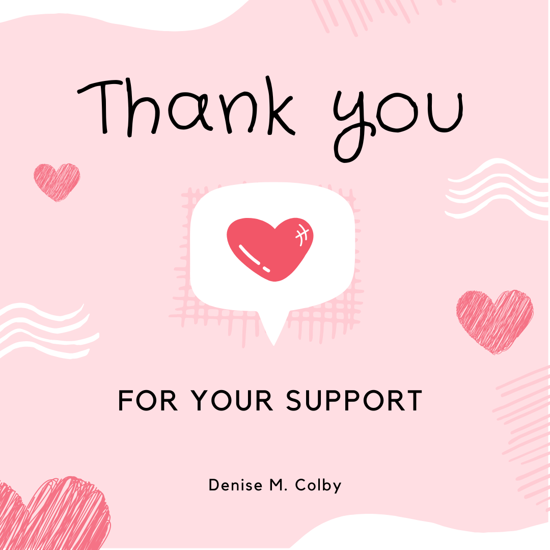 Pink background with words Thank you along with heart graphics thanking my fellow writers
