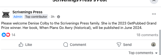 Scrivenings Press welcomes Denise M. Colby to the family of authors with her grand prize entry When Plans Go Awry which will publish in June 2024 making her go from aspiring to contracted author
