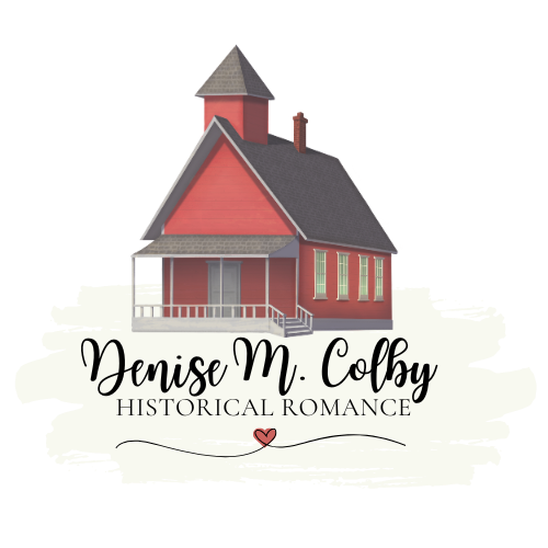 Debut Author Denise M. Colby logo with red one-room schoolhouse, name and Historical Romance