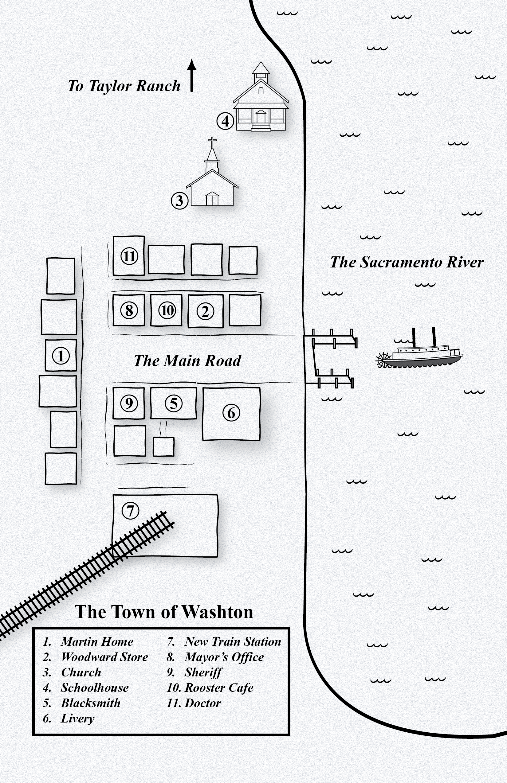 new map of fictional town Washton, CA created by Denise M. Colby and drawn by Kyle Colby