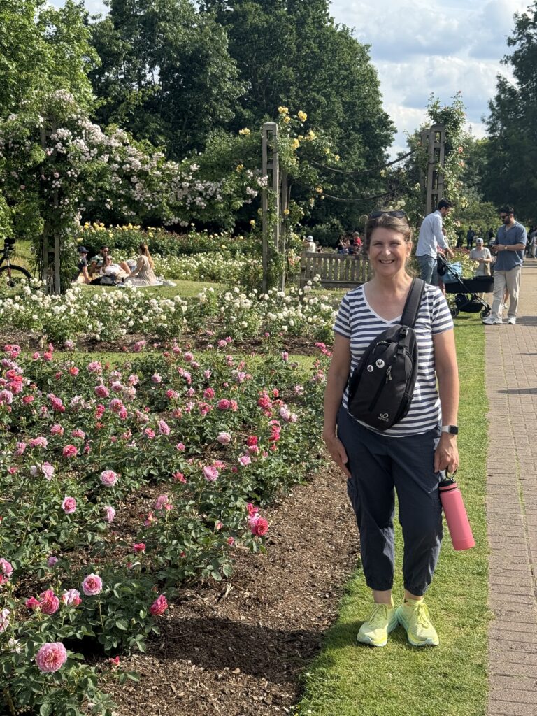 Denise in The Queen's rose garden in Hyde Park, another great writing research area