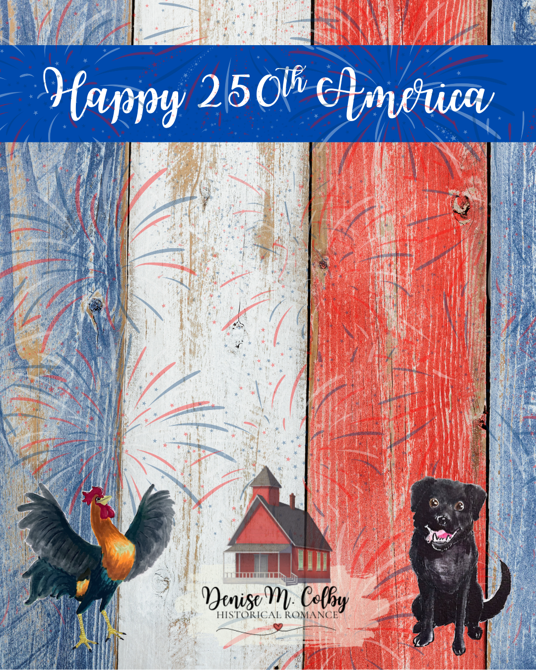 Denise M. Colby includes her one-room schoolhouse, Bert the rooster, and Fido in her marketing materials