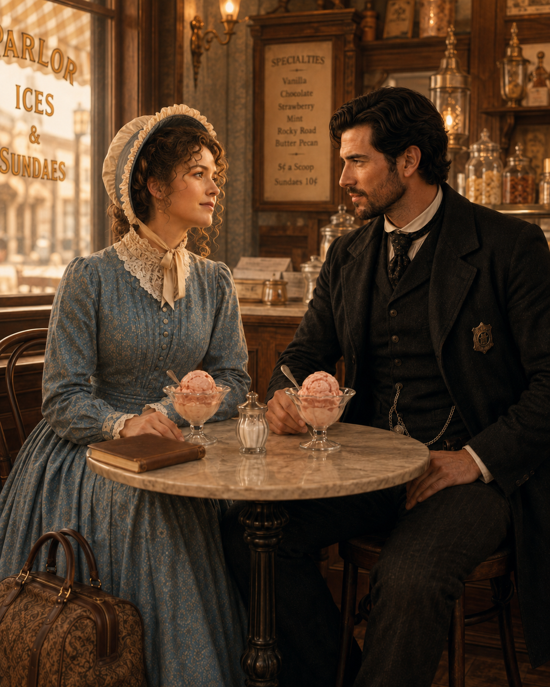 Denise M. Colby's characters from An Unplanned Marriage Proposal sitting in an ice cream parlor in 1869 eating vanilla ice cream with strawberries